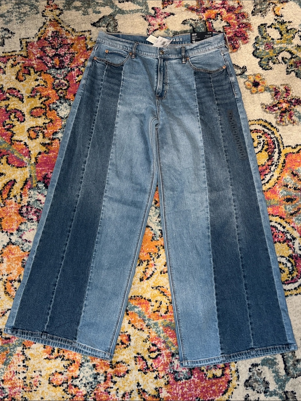 American Eagle AE Dreamy Drape Stretch Patchwork Ultra Wide-Leg Jeans Size 10